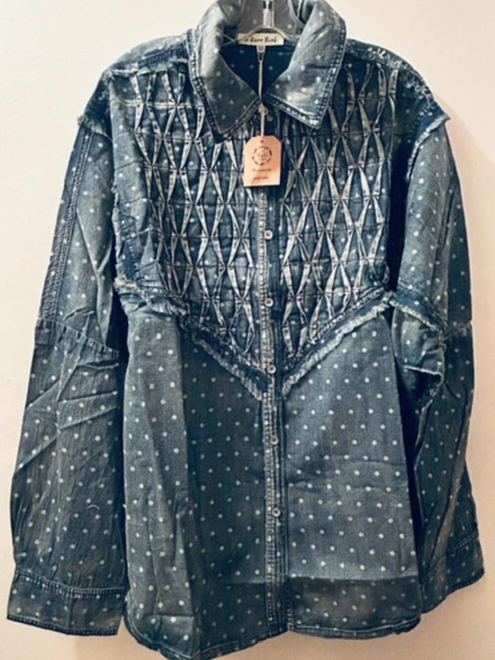 A Rare Bird Denim Hand Made Polka Dot Stitch Distressed Button Shirt NWT